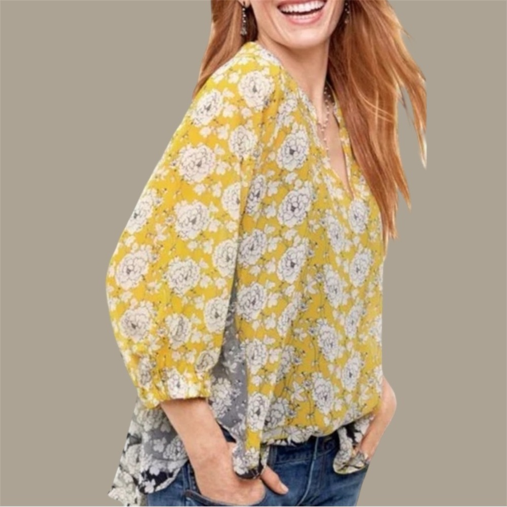 CAbi Gather Blouse Sz Small Floral Print Yellow